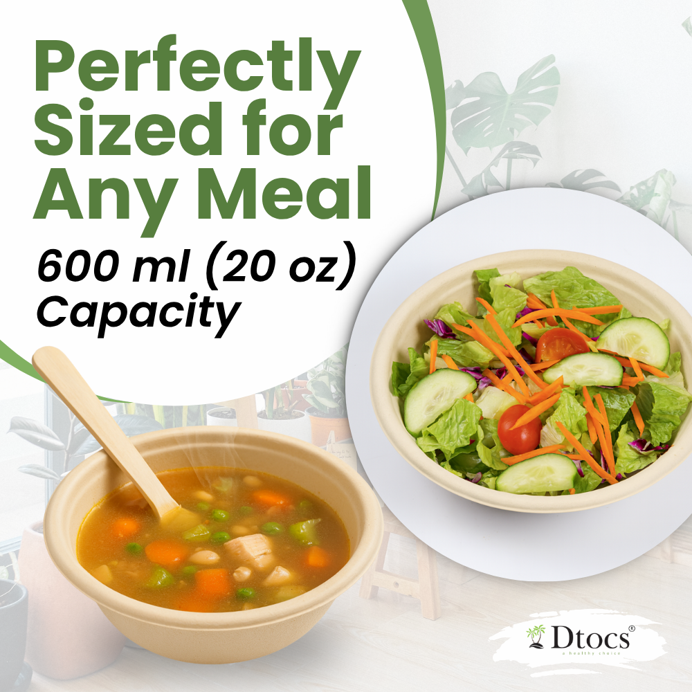 Dtocs Bamboo Fiber Disposable Bowls – 20 Oz, 50 Pk | Bamboo Round Bowl | Microwavable Bagasse Bowl like Soup, Cake, Salsa, Salad bowls