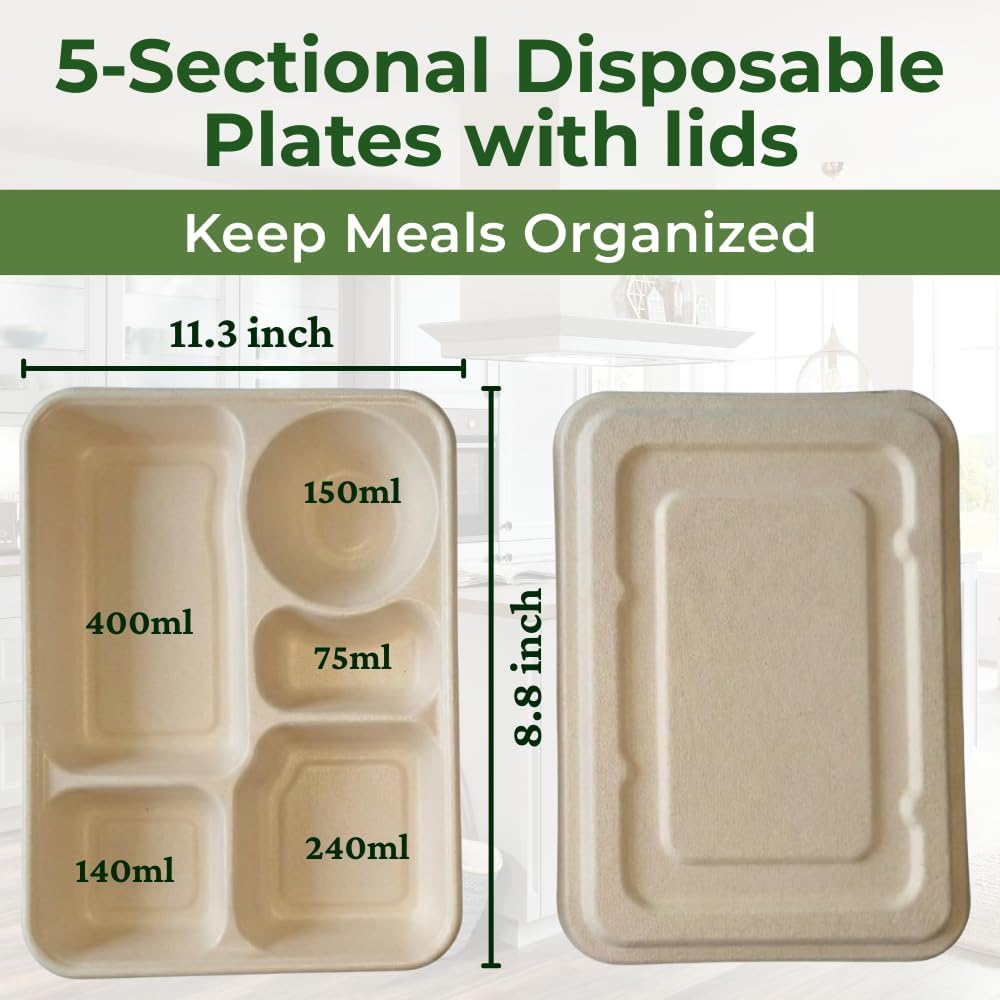 Dtocs Bamboo Fiber 5-Compartment Plates With Lids (20 Sets) | 11 Inch Compostable Sectional Lunch Trays