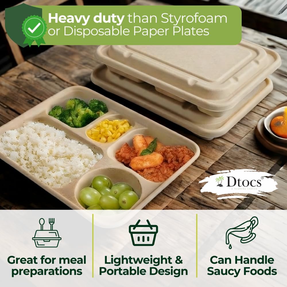 Dtocs Bamboo Fiber 5-Compartment Plates With Lids (20 Sets) | 11 Inch Compostable Sectional Lunch Trays