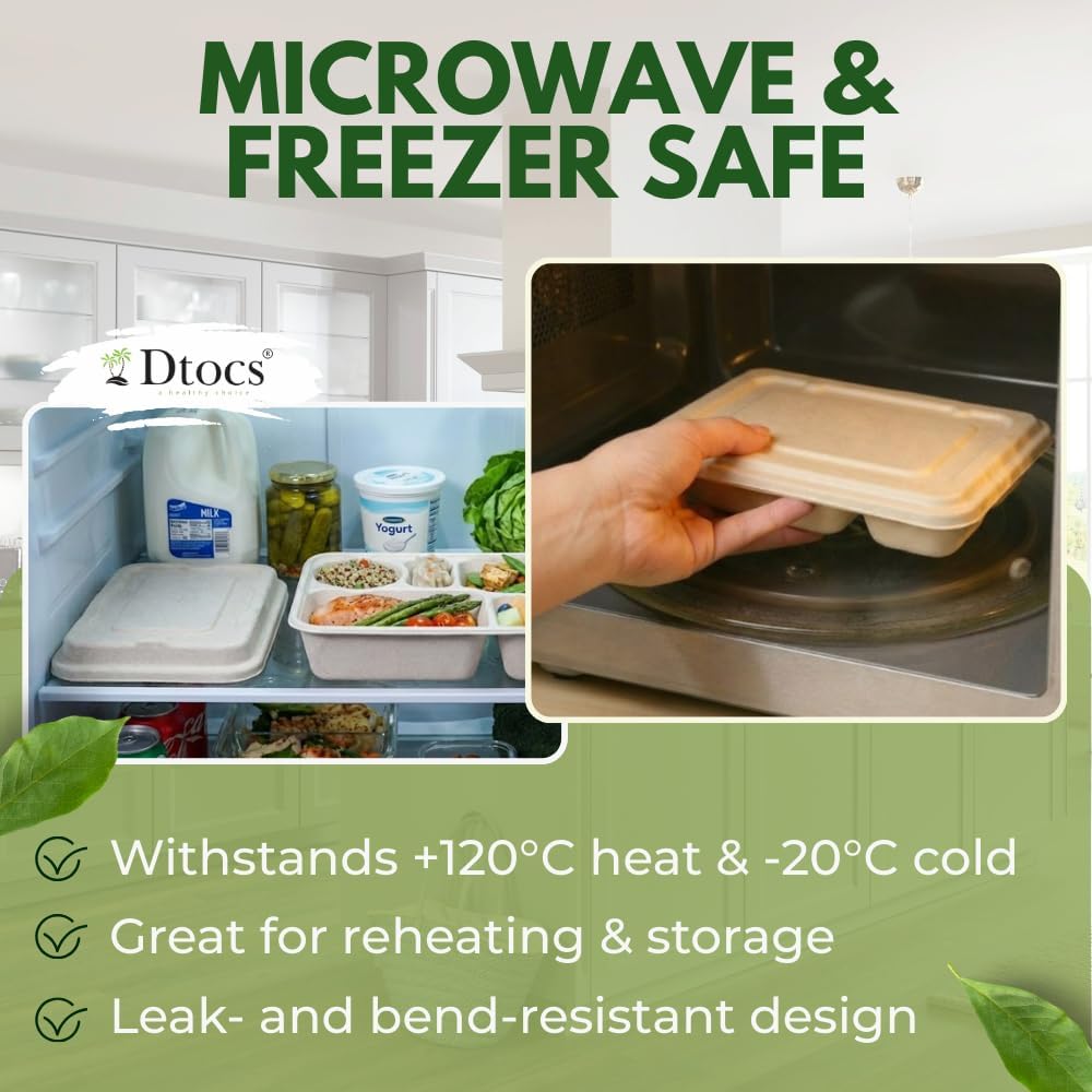 Dtocs Bamboo Fiber 5-Compartment Plates With Lids (20 Sets) | 11 Inch Compostable Sectional Lunch Trays