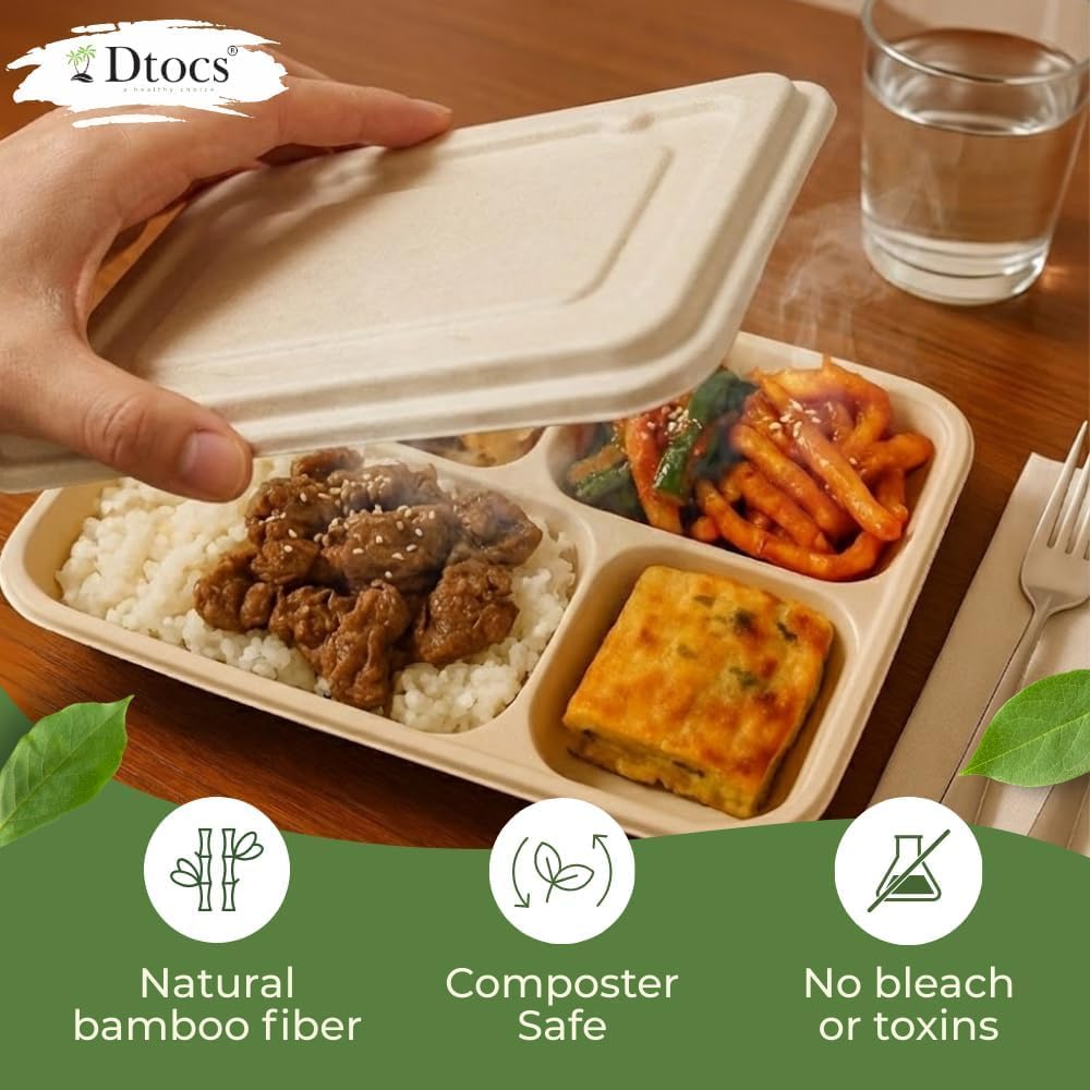 Dtocs Bamboo Fiber 5-Compartment Plates With Lids (20 Sets) | 11 Inch Compostable Sectional Lunch Trays