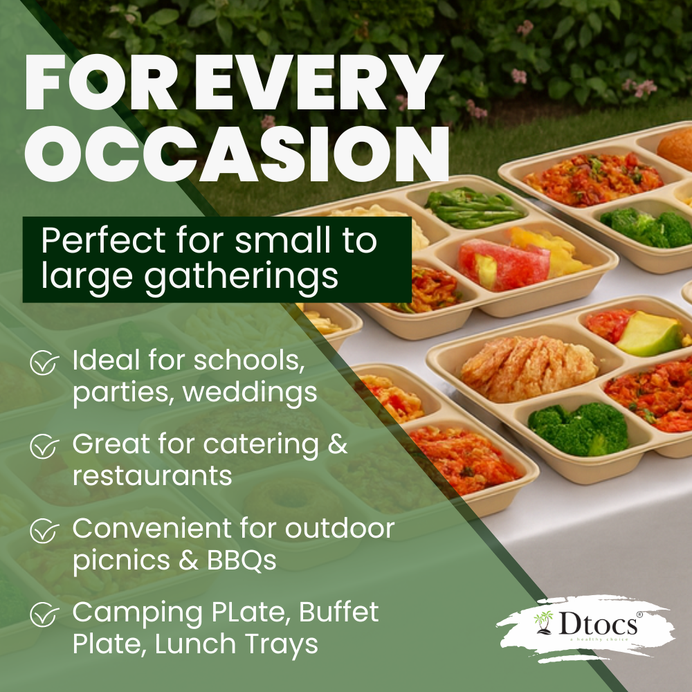 Dtocs Bamboo Fiber 9 Inch 4 Compartment Plates (40 Pcs.) | Heavy Duty Sectional Lunch Tray