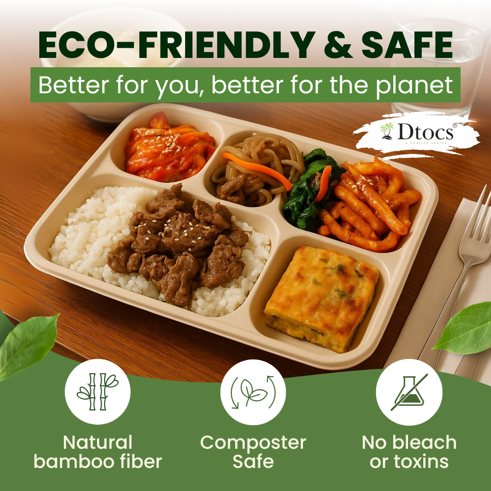 Dtocs Bamboo Fiber 11 Inch 5 Compartment Plates (40 Pcs.) | Heavy Duty Sectional Lunch Tray