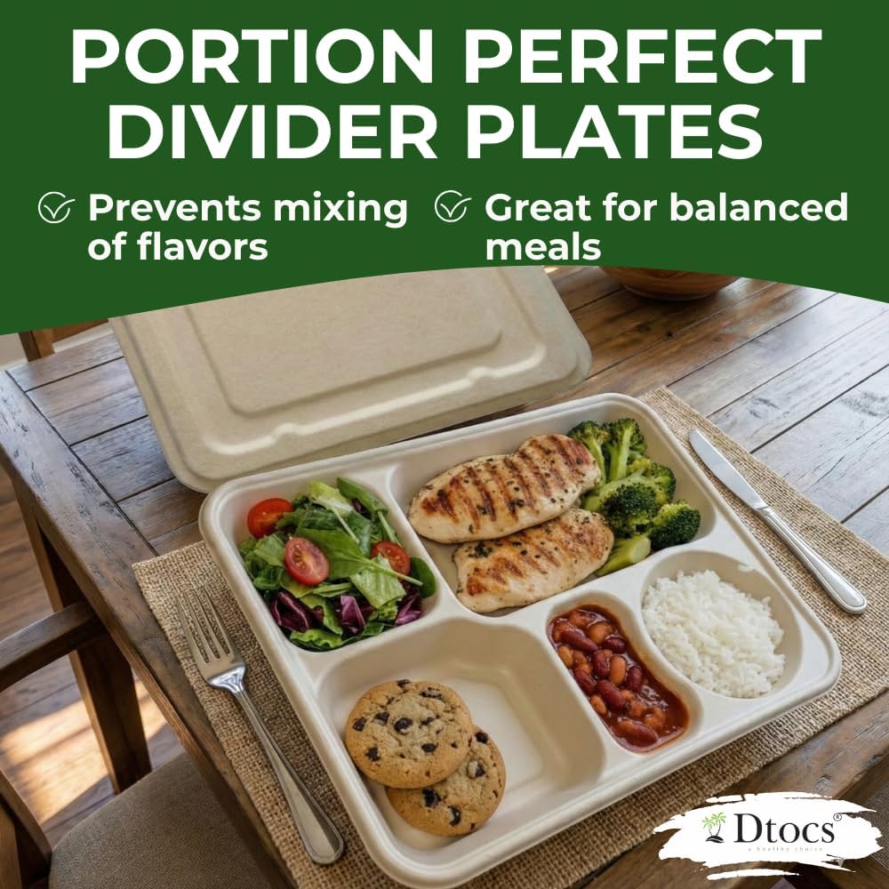 Dtocs Bamboo Fiber 5-Compartment Plates With Lids (20 Sets) | 11 Inch Compostable Sectional Lunch Trays