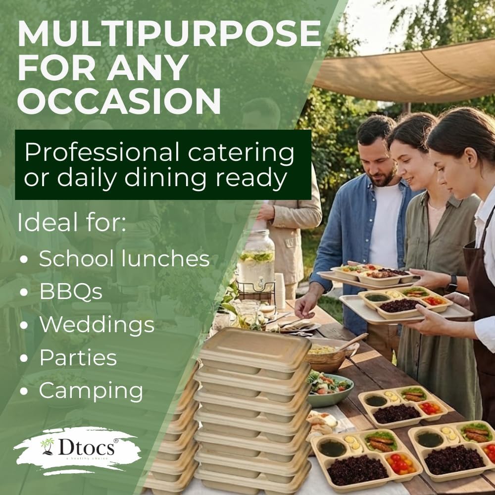 Dtocs Bamboo Fiber 5-Compartment Plates With Lids (20 Sets) | 11 Inch Compostable Sectional Lunch Trays