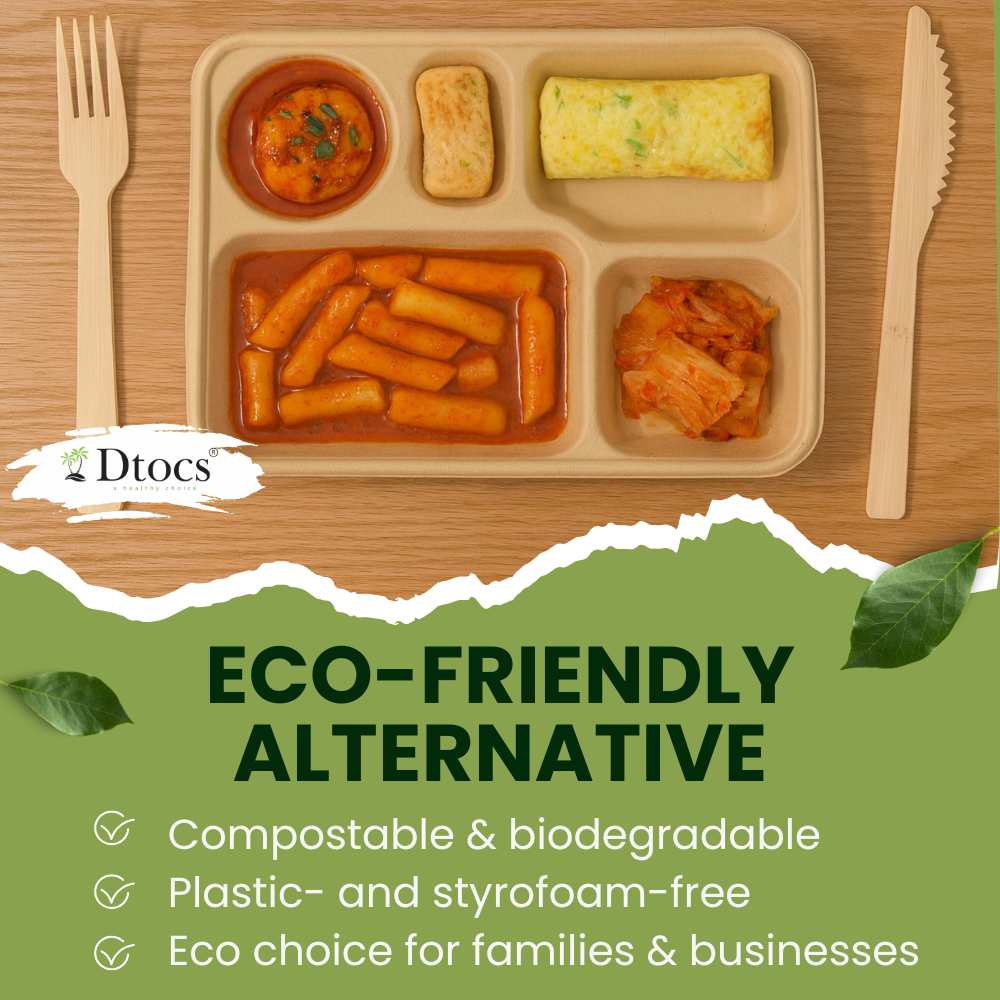 Dtocs Bamboo Fiber 11 Inch 5 Compartment Plates (40 Pcs.) | Heavy Duty Sectional Lunch Tray