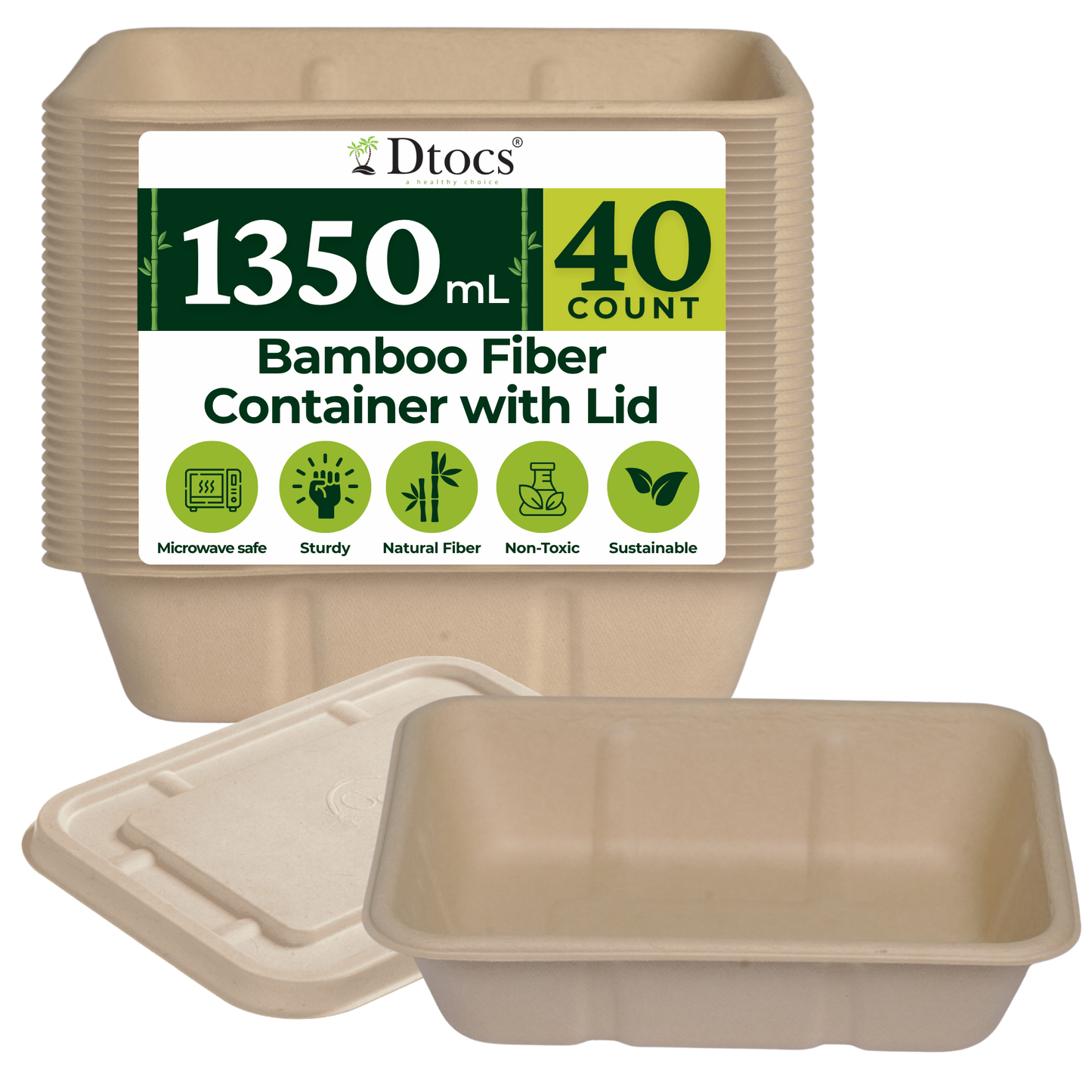 Dtocs Bamboo Fiber Meal Prep Containers with Lids 1350 ml, 40 Pcs | Bagasse Like Bamboo Disposable Container for Lunch, Salad, To Go Meal Box