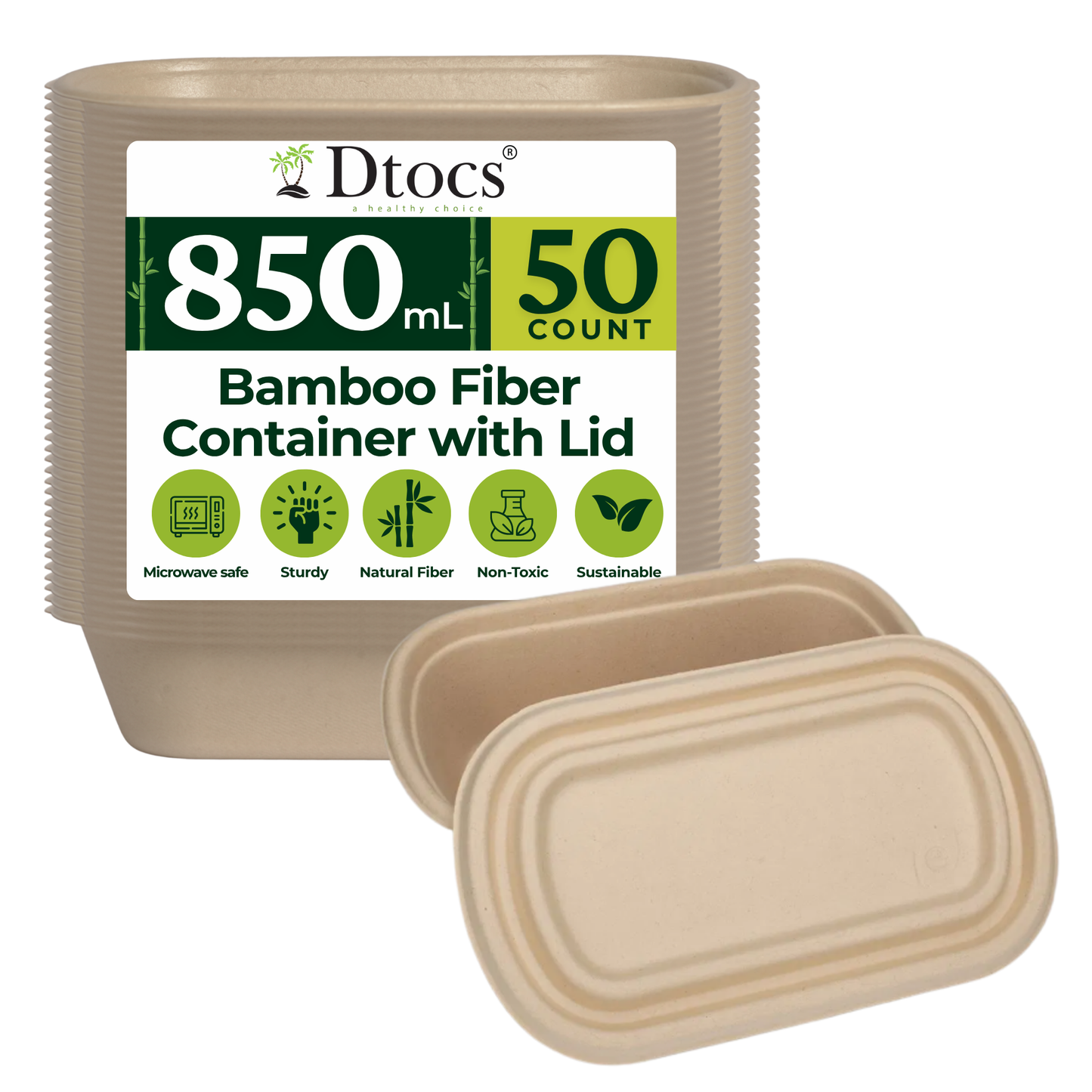 Dtocs Bamboo Fiber Meal Prep Containers with Lids 28 Oz, 50 Pcs | Bagasse Like Bamboo Disposable Container