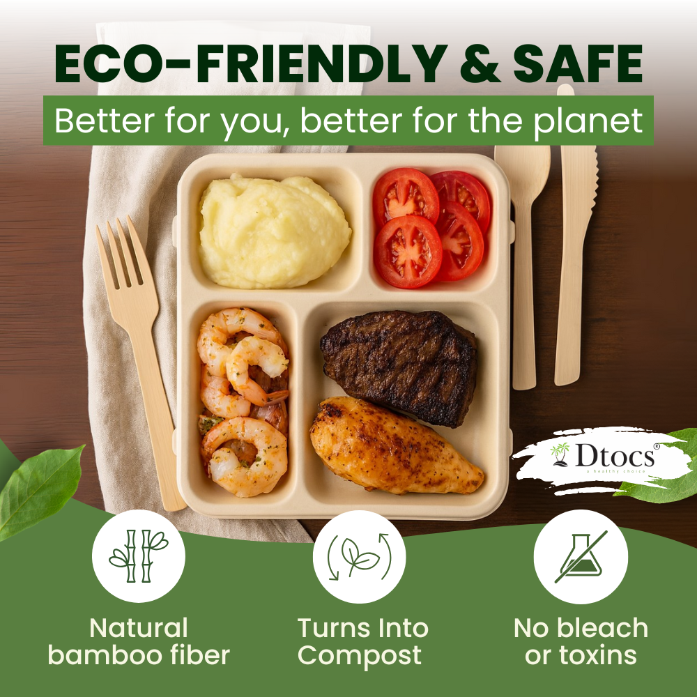 Dtocs Bamboo Fiber 9 Inch 4 Compartment Plates (40 Pcs.) | Heavy Duty Sectional Lunch Tray