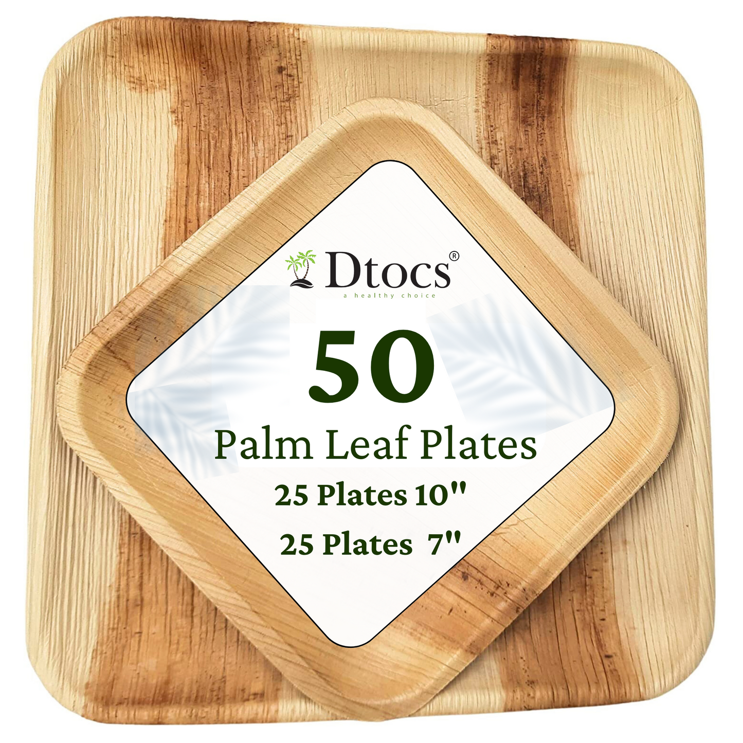 50 Party Plates | 10" Dinner (25), 7" Dessert (25) Square Palm Leaf Plates