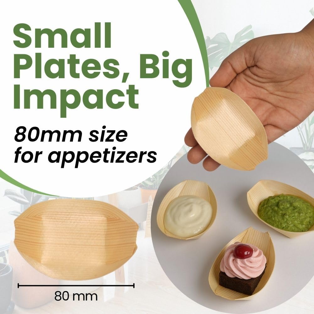 Dtocs Small Wooden Food Boat Plates 80 mm (Pack 100)