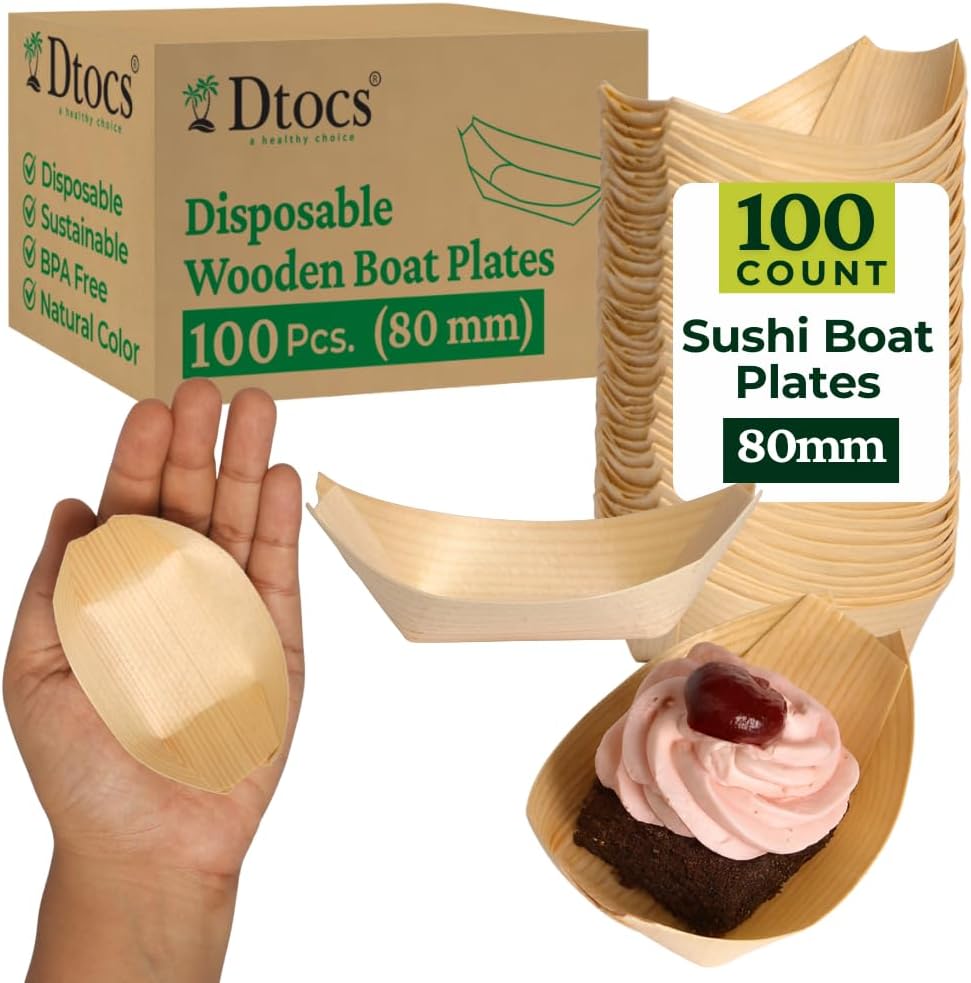 Dtocs Small Wooden Food Boat Plates 80 mm (Pack 100)