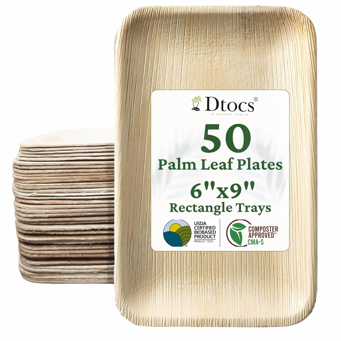 50 Disposable Trays | 6"x9" Palm Leaf Rectangle Plate