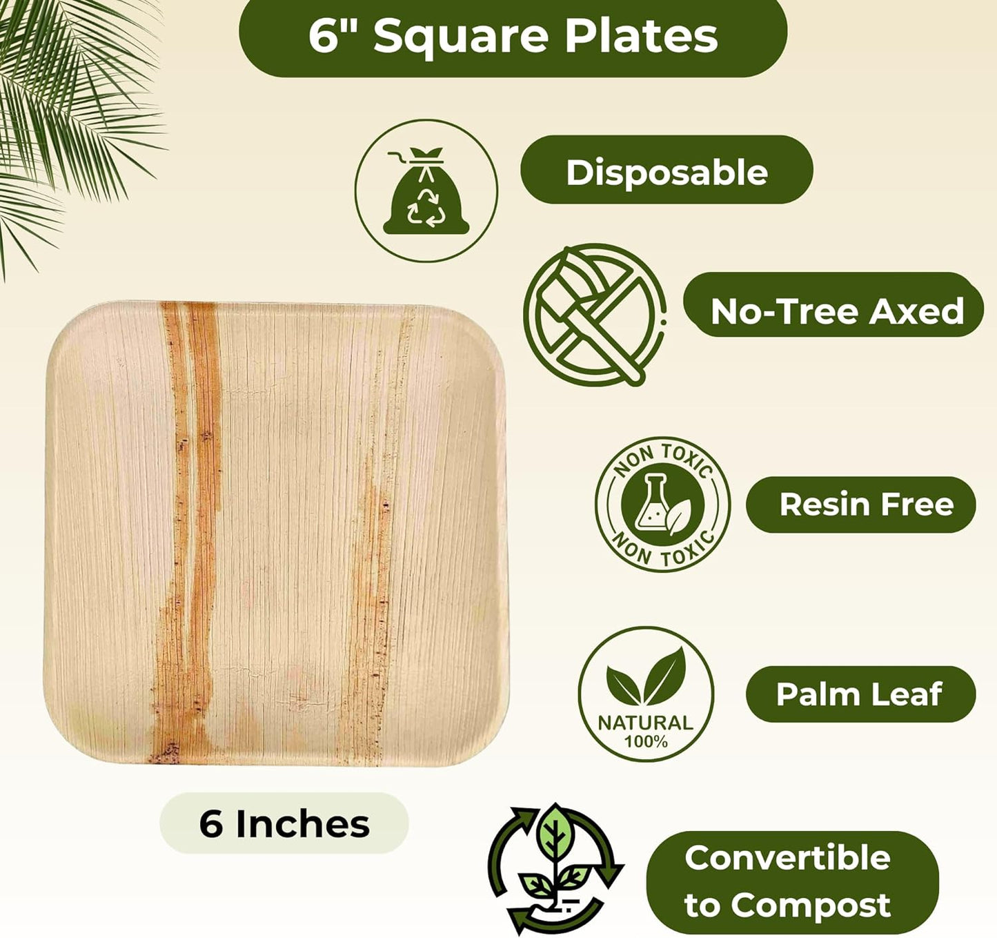 100 Sturdy Palm Leaf 6" Square Disposable Party Plates