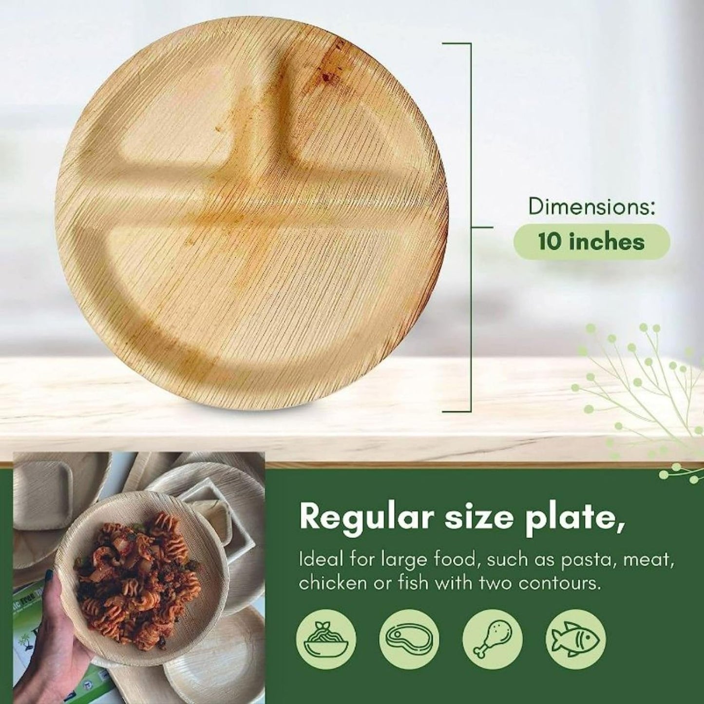 50 Palm Leaf 10" Round Compartment Party Plates