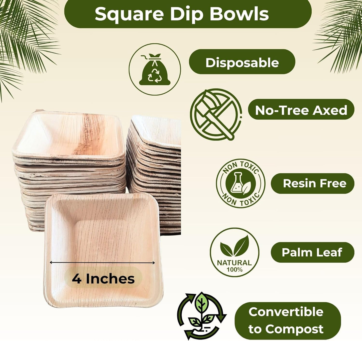 Palm Leaf Bowl 4" Square (50) Dip Bowls