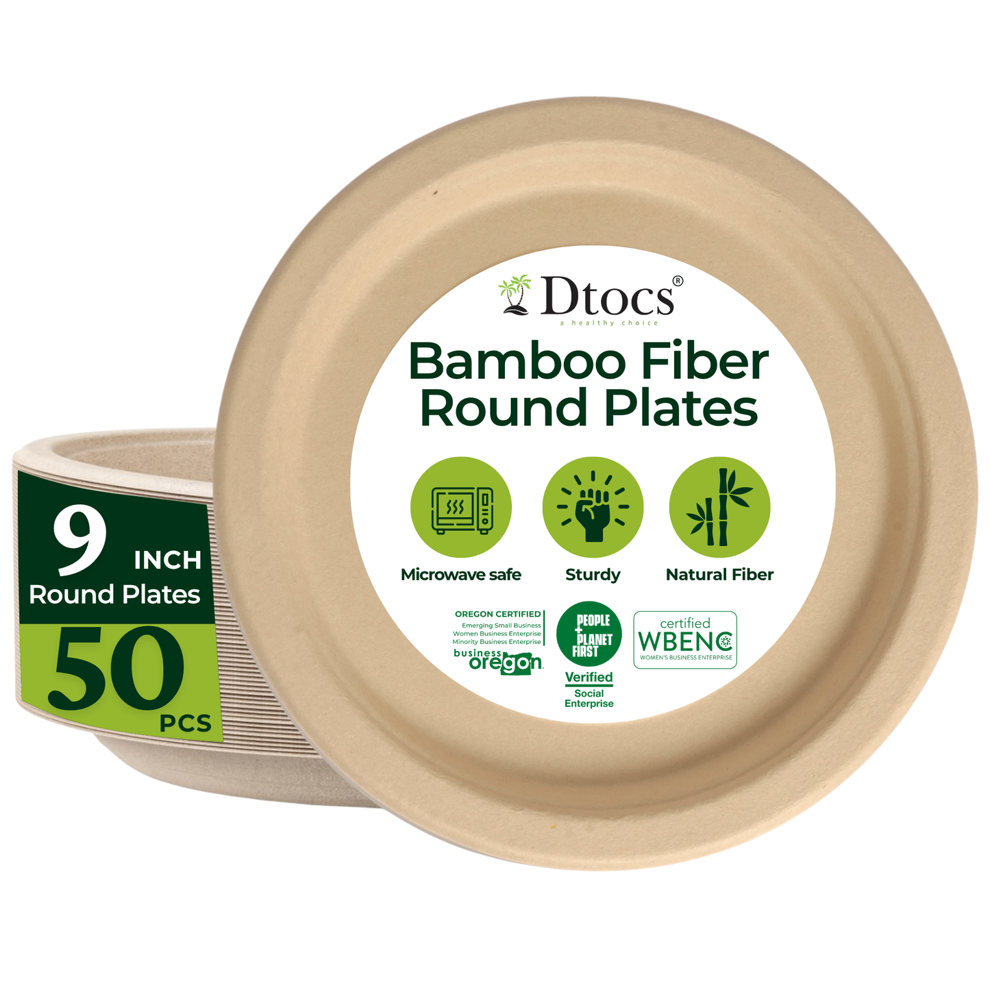Dtocs Bamboo Fiber Plates 9 Inch Round (50 Pcs)