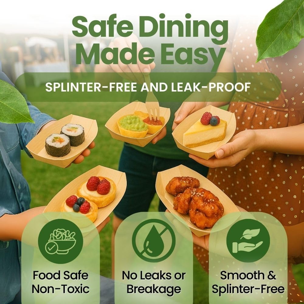 Dtocs Disposable Wooden Food Boat Plates 135mm (50 Pcs)