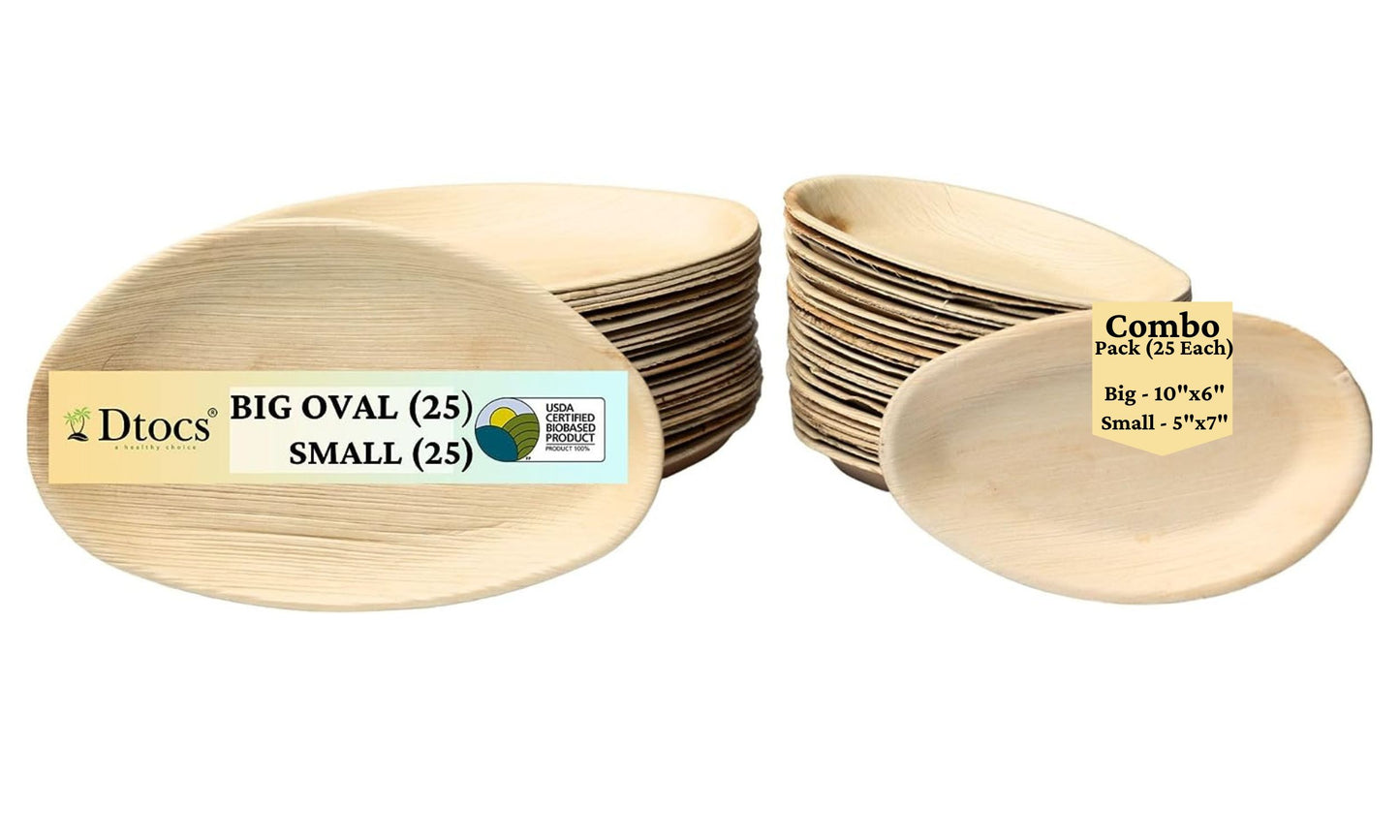 Dtocs Palm Leaf Oval Plate Party Pack | 10"x6" Designer Plate & 5"x7" Plate Set