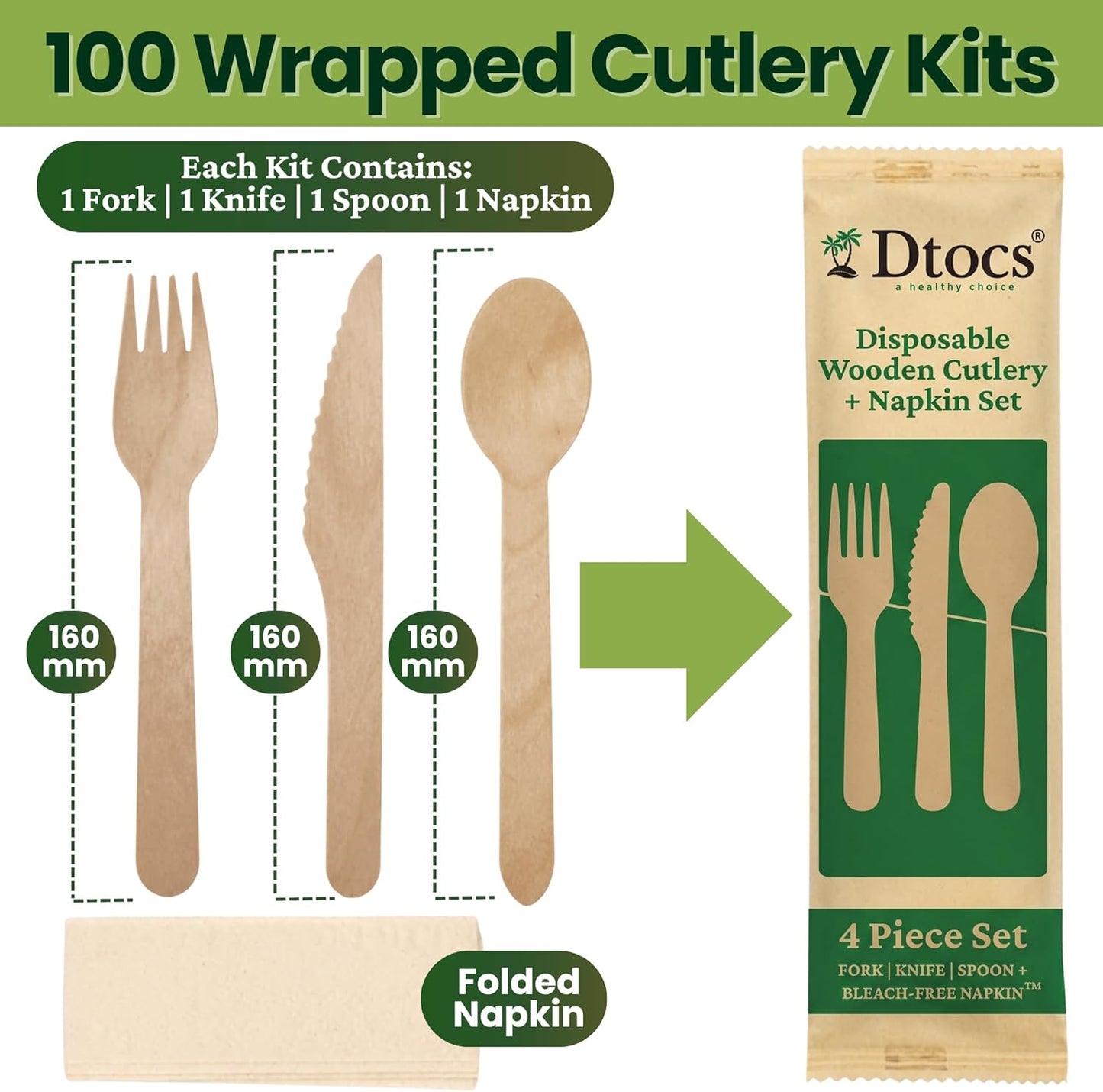 Dtocs Disposable Wrapped Cutlery Kits (100 Sets) - Knife, Fork, Spoon & Napkin