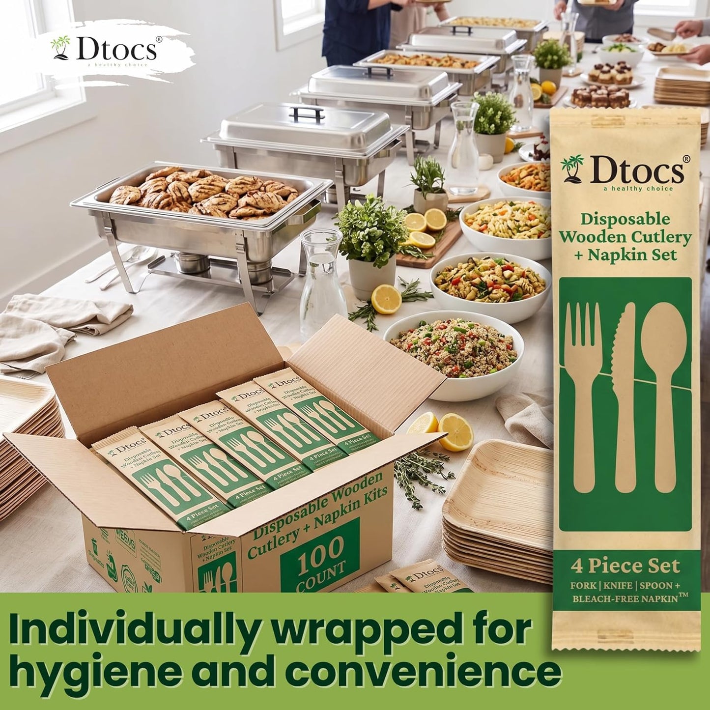 Dtocs Disposable Wrapped Cutlery Kits (100 Sets) - Knife, Fork, Spoon & Napkin