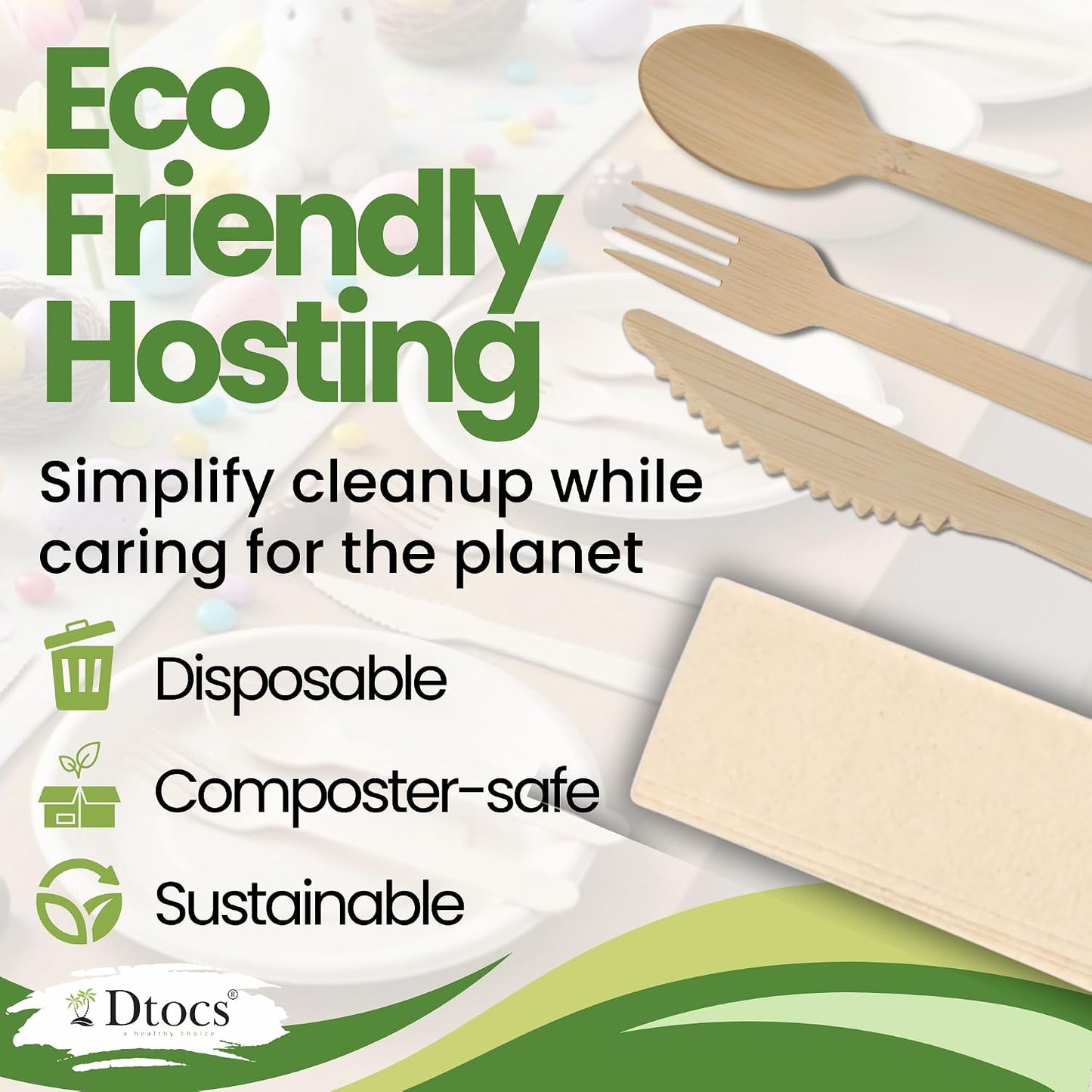 Dtocs Disposable Wrapped Cutlery Kits (100 Sets) - Knife, Fork, Spoon & Napkin