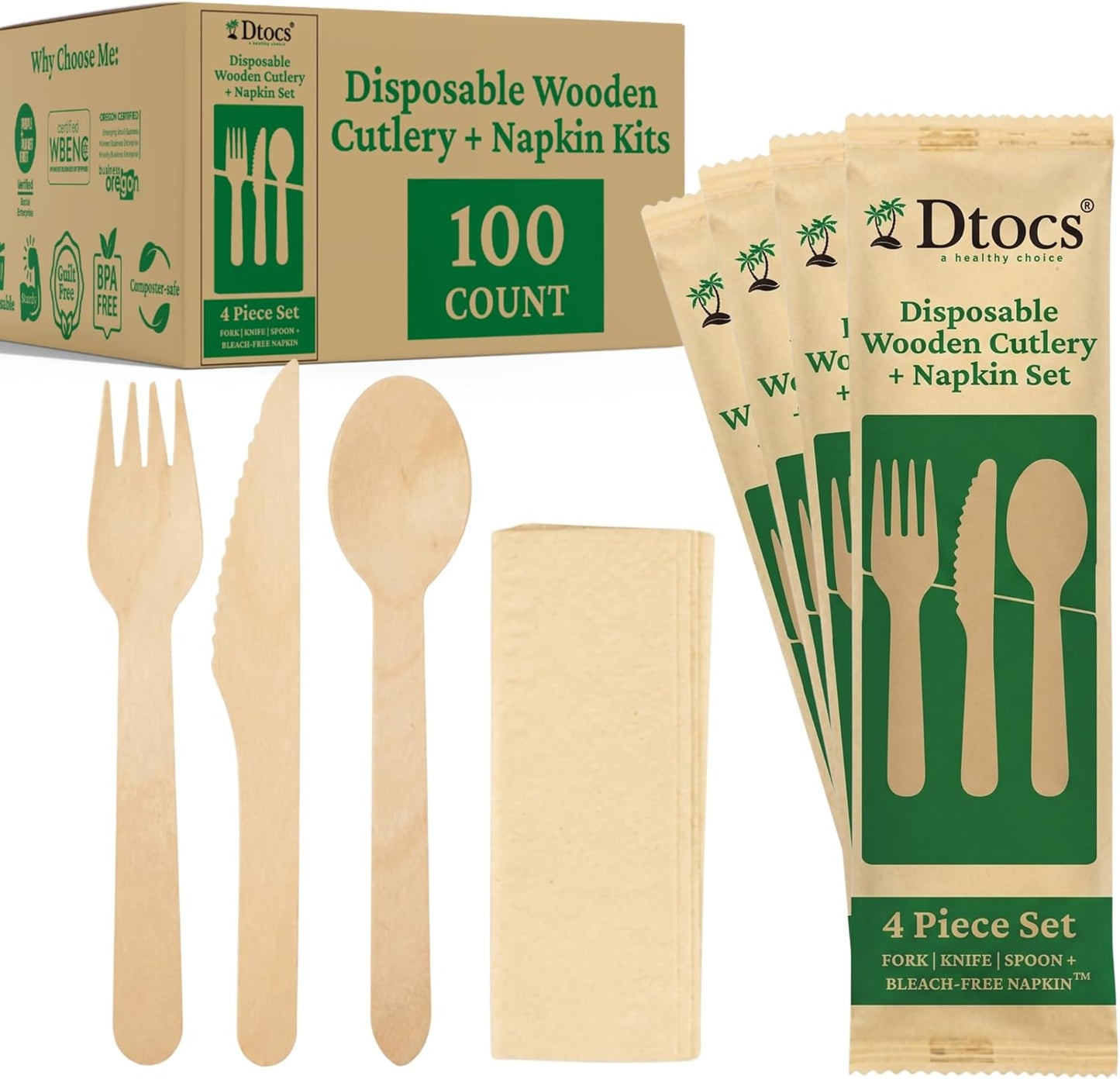 Dtocs Disposable Wrapped Cutlery Kits (100 Sets) - Knife, Fork, Spoon & Napkin