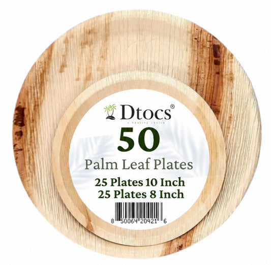 50 Party Plates | 10" Dinner (25), 8" Dessert (25) Round Palm Leaf Plates
