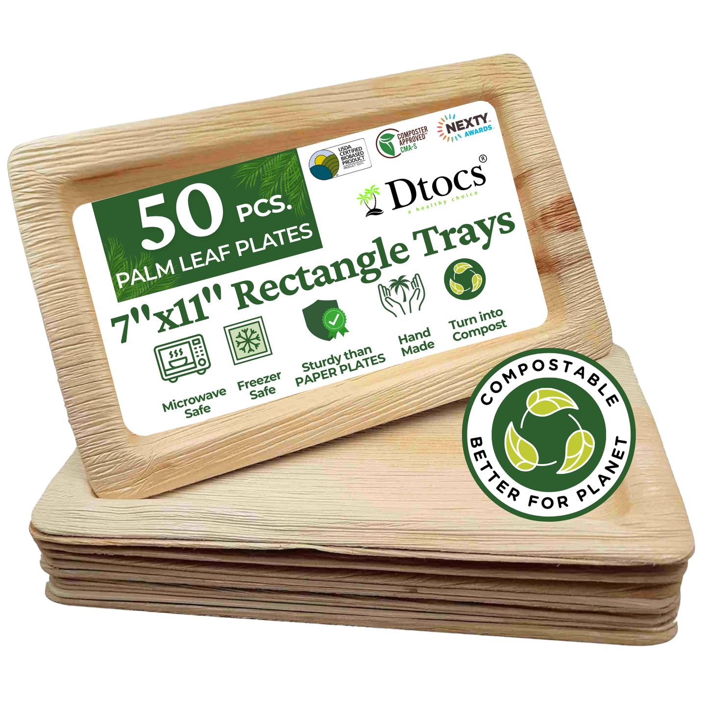50 Sturdy Palm Leaf 7"x11" Rectangle Disposable Tray